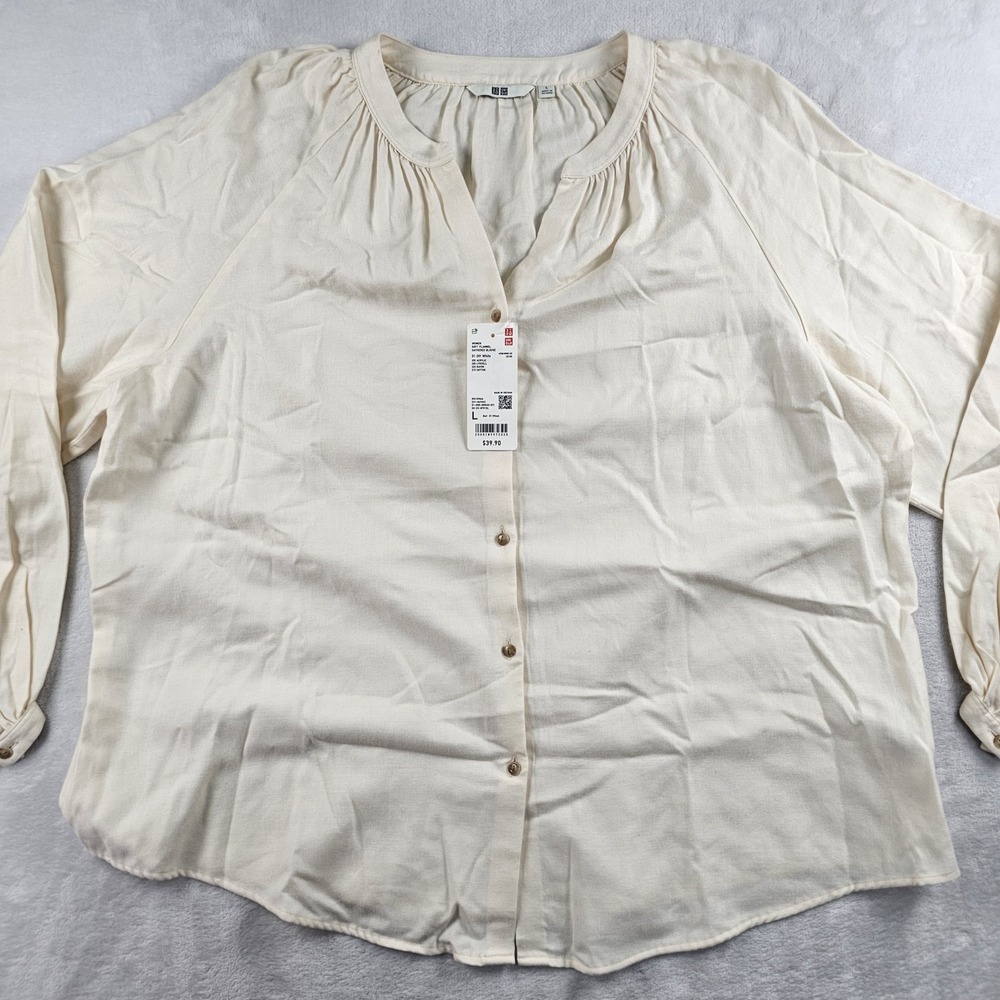 Uniqlo Soft Flannel Gathered Blouse Womens L Peasant Off White Cream Cottagecore - Picture 3 of 11